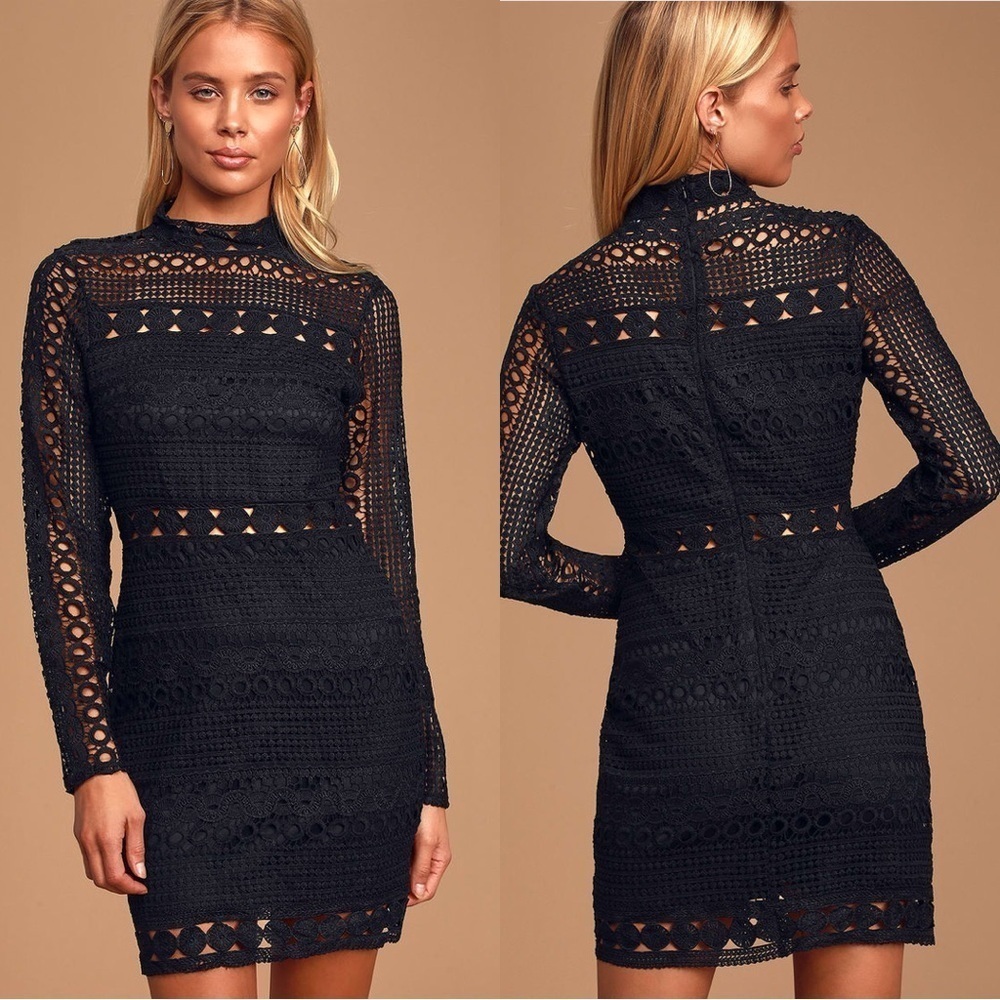 NWT Lulus Full-Hearted Black Crochet Lace Long Sleeve Dress in black Size: S